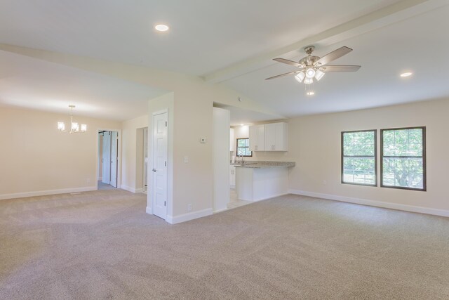 229 General Thomas St, Chickamauga, GA 30707 - unfurnished living room featuring a chandelier, light colored carpet, a ceiling fan, baseboards, and recessed lighting