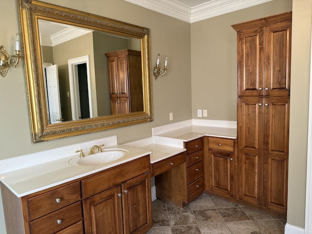 bathroom featuring stone finish flooring, vanity, and crown molding
