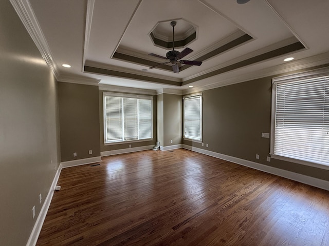 spare room featuring wood finished floors, ornamental molding, a wealth of natural light, a ceiling fan, and a tray ceiling