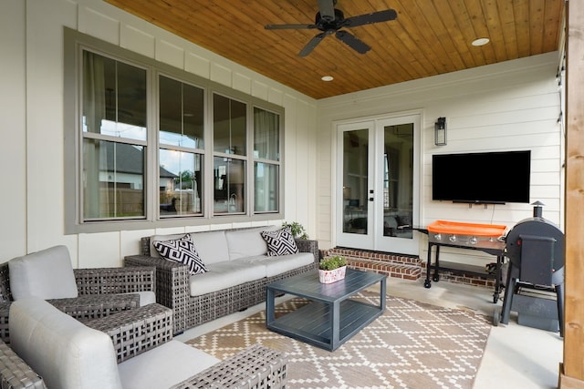 view of patio / terrace featuring french doors, a ceiling fan, and outdoor lounge area