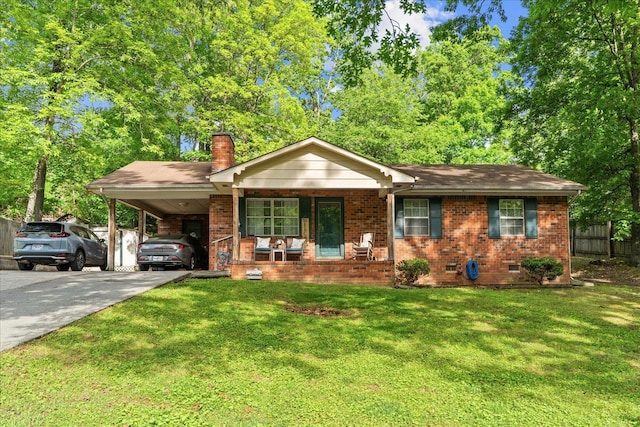 4042 Village Dr, Cohutta, GA 30710 - ranch-style house with a porch, fence, brick siding, a front yard, and a chimney