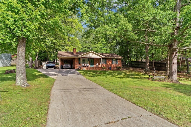 4042 Village Dr, Cohutta, GA 30710 - ranch-style home with a chimney, driveway, fence, a porch, and a front lawn
