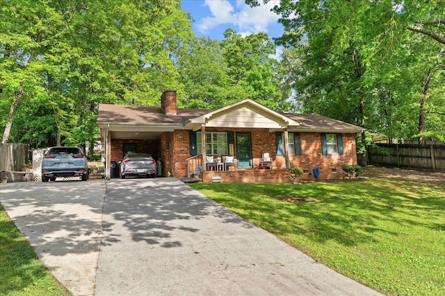 4042 Village Dr, Cohutta, GA 30710 - ranch-style home featuring driveway, brick siding, fence, a porch, and a front lawn