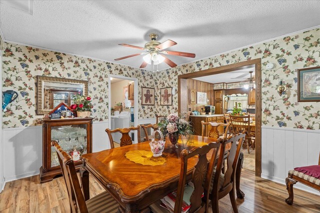 4042 Village Dr, Cohutta, GA 30710 - dining space featuring light wood-style flooring, a ceiling fan, wallpapered walls, crown molding, and wainscoting