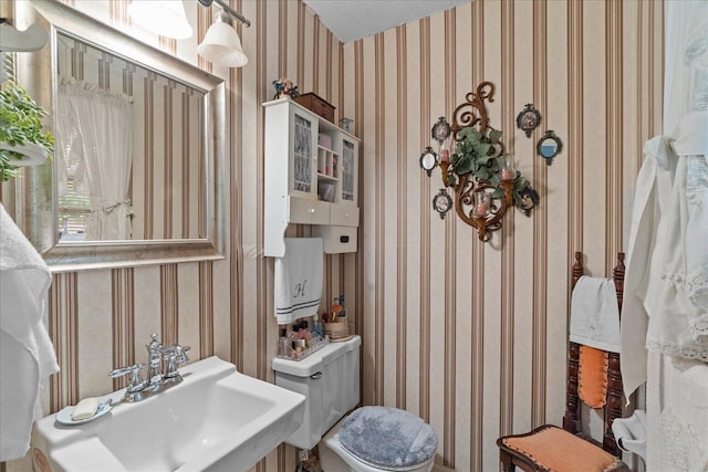 4042 Village Dr, Cohutta, GA 30710 - half bathroom featuring toilet, wallpapered walls, and a sink