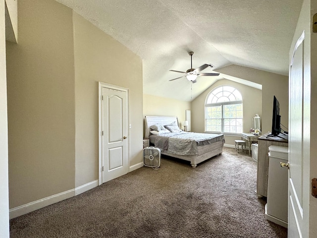 carpeted bedroom with lofted ceiling, baseboards, ceiling fan, and a textured ceiling