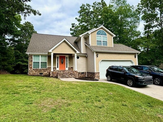 craftsman house with roof with shingles, concrete driveway, stone siding, and a front yard