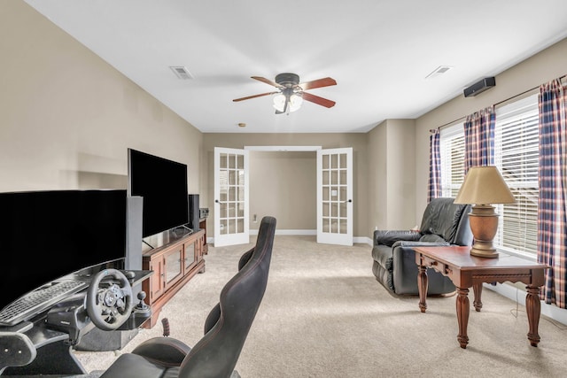 8358 Front Gate Cir, Ooltewah, TN 37363 - office area with french doors, a ceiling fan, carpet flooring, and baseboards
