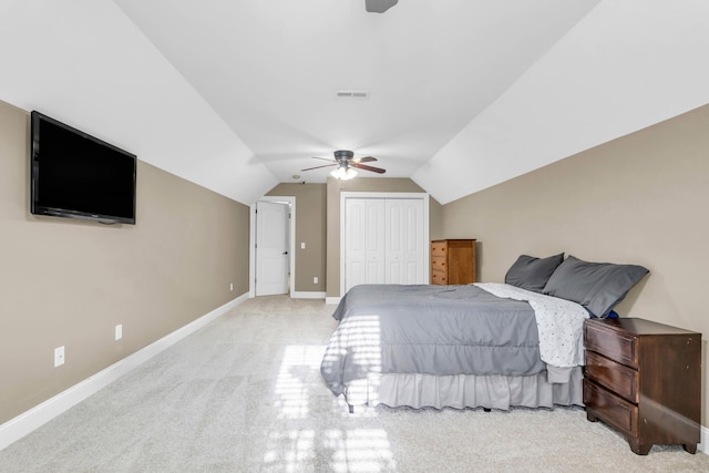 8358 Front Gate Cir, Ooltewah, TN 37363 - bedroom featuring vaulted ceiling, baseboards, carpet, a closet, and a ceiling fan