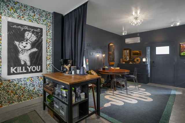 dining area with wallpapered walls, a wall unit AC, arched walkways, and baseboards