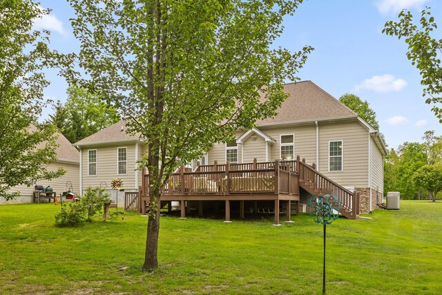 212 Smith St, Signal Mountain, TN 37377 - rear view of house with central AC unit, a deck, a lawn, and stairway