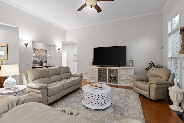 212 Smith St, Signal Mountain, TN 37377 - living area with wood finished floors, ceiling fan, and ornamental molding