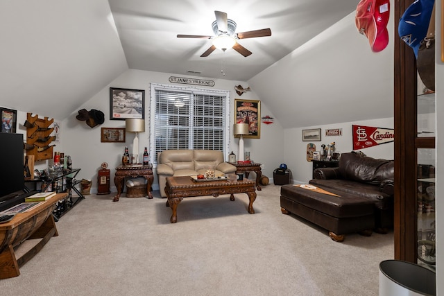 212 Smith St, Signal Mountain, TN 37377 - living area featuring a ceiling fan, carpet flooring, and vaulted ceiling