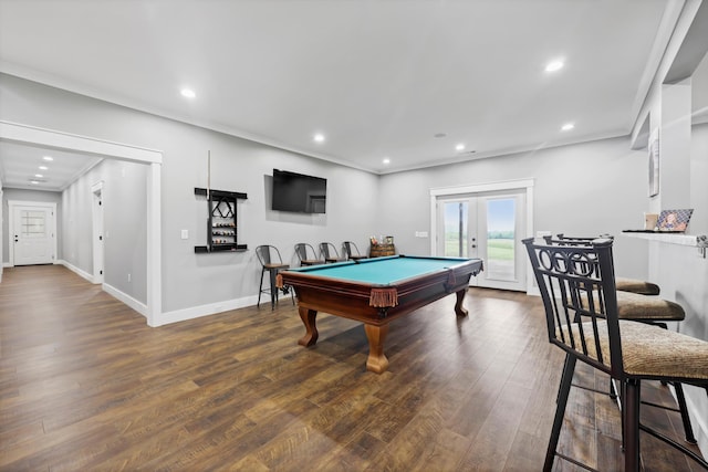 playroom featuring french doors, dark wood-type flooring, baseboards, recessed lighting, and pool table