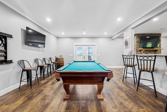 recreation room with ornamental molding, french doors, wood finished floors, billiards, and recessed lighting