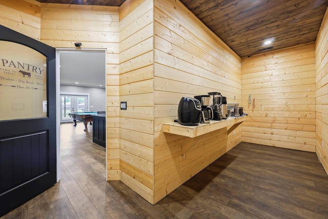 relaxing sauna / steam room featuring wood ceiling, wooden walls, wood finished floors, and recessed lighting