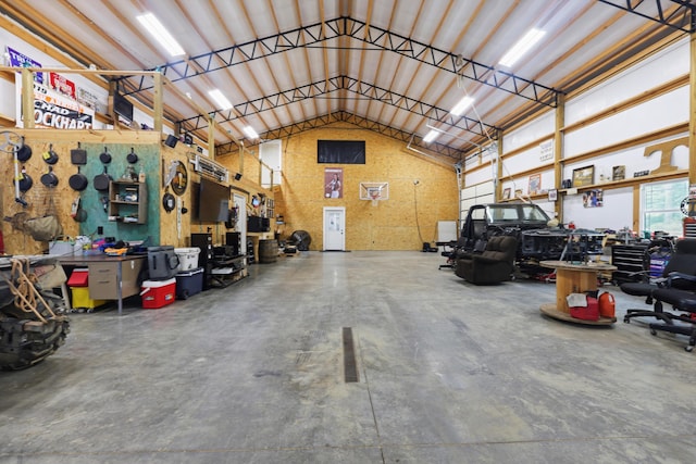 garage with a workshop area
