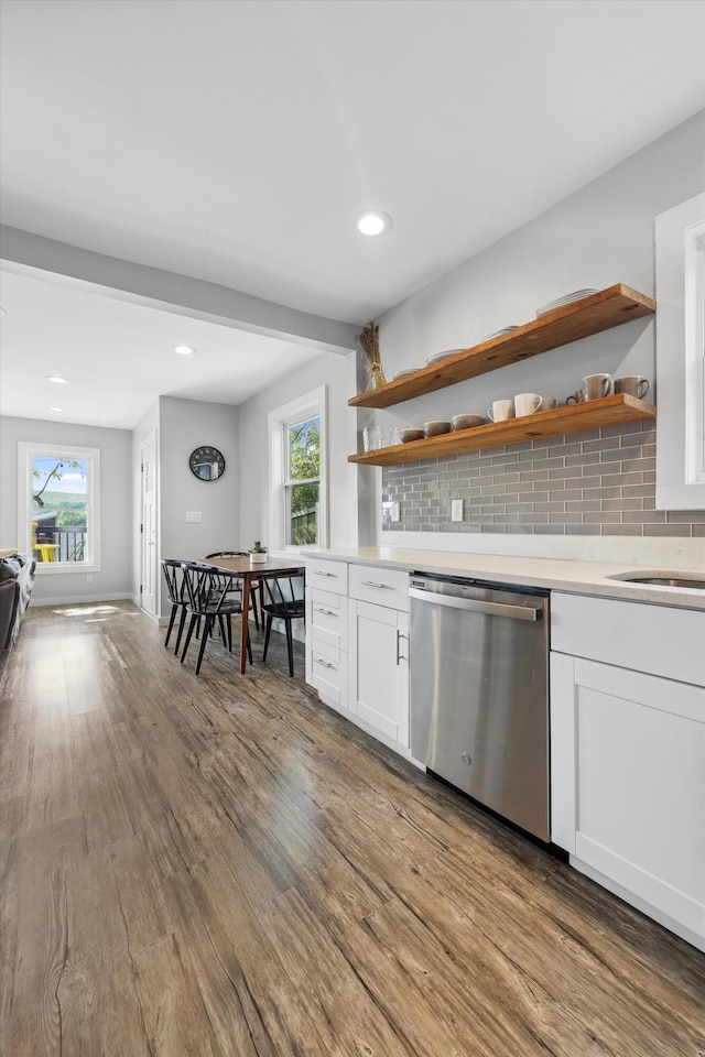 618 Hamilton Ave, Chattanooga, TN 37405 - kitchen with stainless steel dishwasher, open shelves, wood finished floors, light countertops, and recessed lighting
