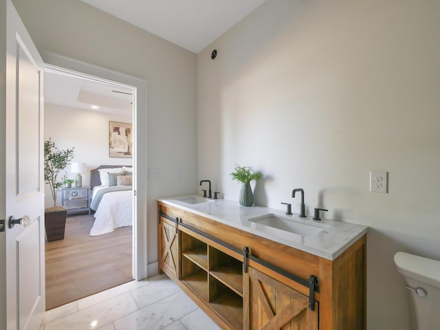full bathroom featuring a sink, double vanity, toilet, and connected bathroom