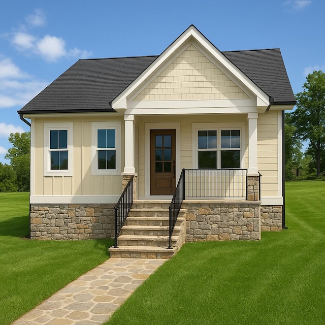 view of front of house with stone siding, roof with shingles, and a front lawn