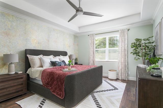 1872 Emmeline Way Unit 09, Hixson, TN 37343 - bedroom with a tray ceiling, dark wood-style floors, baseboards, crown molding, and ceiling fan