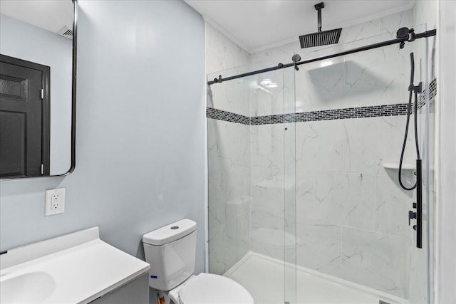 full bath with vanity, toilet, and a marble finish shower