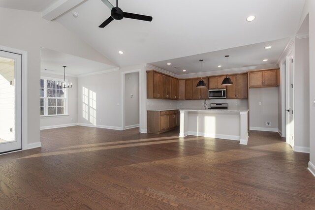 unfurnished living room with a chandelier, ceiling fan, baseboards, recessed lighting, and dark wood-style floors