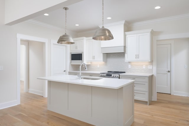 2642 Mowbray Pike, Soddy Daisy, TN 37379 - kitchen featuring a sink, crown molding, electric stove, backsplash, and light countertops