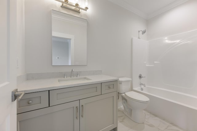 2642 Mowbray Pike, Soddy Daisy, TN 37379 - bathroom with toilet, marble finish floor, vanity, ornamental molding, and tub / shower combination