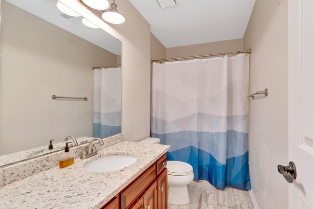 802 Creek Overlook Rd, Chattanooga, TN 37415 - bathroom with vanity, toilet, wood finished floors, and a shower with curtain