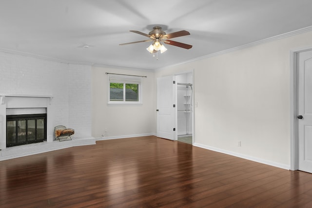 6904 Hickory View Ln, Chattanooga, TN 37421 - unfurnished living room with ornamental molding, ceiling fan, wood finished floors, a fireplace, and baseboards
