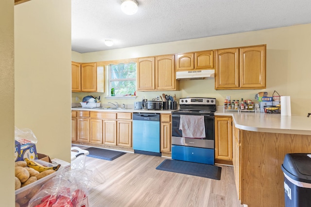 2121 Davenport St, Chattanooga, TN 37406 - kitchen featuring dishwasher, stainless steel electric range oven, under cabinet range hood, a sink, and light wood-style floors