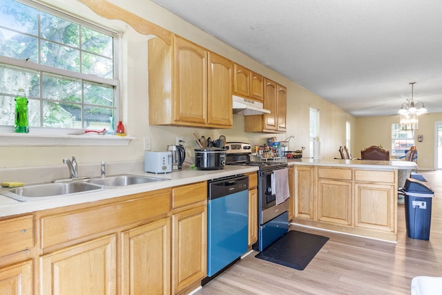 2121 Davenport St, Chattanooga, TN 37406 - kitchen featuring dishwashing machine, under cabinet range hood, a sink, stainless steel electric range oven, and a peninsula