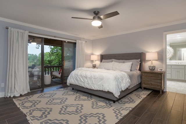 bedroom featuring wood finished floors, access to exterior, a sink, crown molding, and ceiling fan
