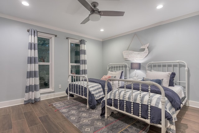 bedroom with recessed lighting, baseboards, ceiling fan, crown molding, and wood finished floors