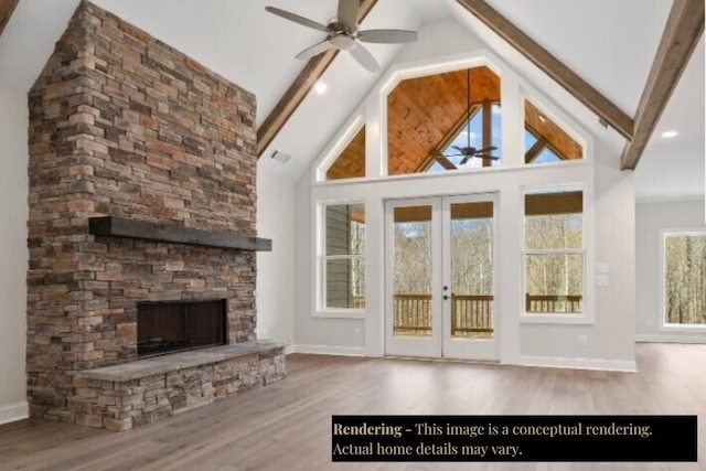 134 River Ridge Drive Unit 117, Dunlap, TN 37327 - unfurnished living room with ceiling fan, beamed ceiling, wood finished floors, a stone fireplace, and french doors
