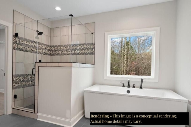 134 River Ridge Drive Unit 117, Dunlap, TN 37327 - full bathroom featuring a stall shower, baseboards, tile patterned floors, recessed lighting, and a soaking tub