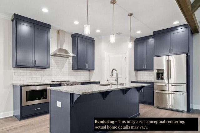 134 River Ridge Drive Unit 117, Dunlap, TN 37327 - kitchen with stainless steel appliances, wall chimney range hood, a sink, light stone counters, and a kitchen bar