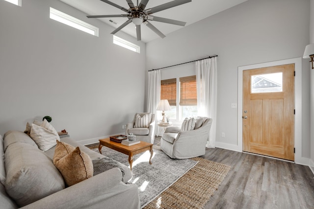 68 Rock Bridge Dr, Ringgold, GA 30736 - living room featuring ceiling fan, plenty of natural light, wood finished floors, a towering ceiling, and baseboards