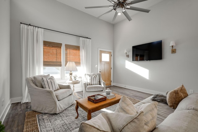 68 Rock Bridge Dr, Ringgold, GA 30736 - living area with a ceiling fan, baseboards, wood finished floors, and a towering ceiling