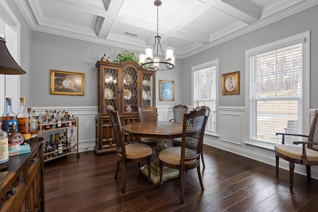 7258 Grey Hawk Trl, Signal Mountain, TN 37377 - dining room featuring a chandelier, beamed ceiling, dark wood-type flooring, coffered ceiling, and a wainscoted wall
