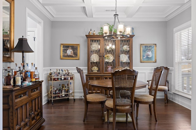 7258 Grey Hawk Trl, Signal Mountain, TN 37377 - dining area featuring a chandelier, coffered ceiling, crown molding, dark wood-type flooring, and wainscoting