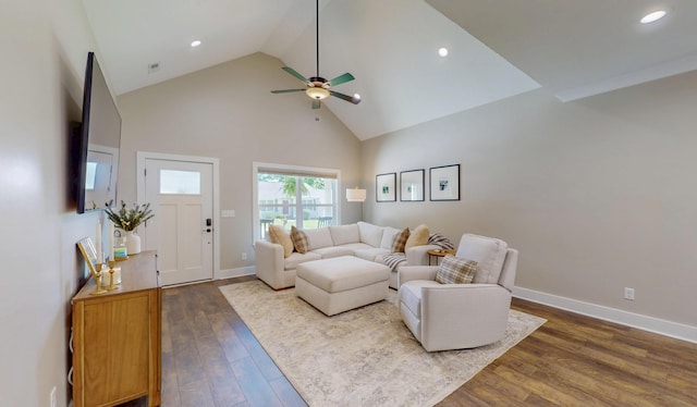 1105 18th St NW, Cleveland, TN 37311 - living area with high vaulted ceiling, dark wood-style flooring, recessed lighting, a ceiling fan, and baseboards
