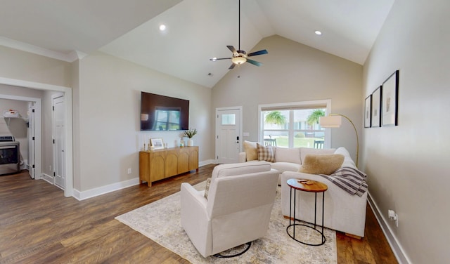 1105 18th St NW, Cleveland, TN 37311 - living room with dark wood finished floors, ceiling fan, baseboards, high vaulted ceiling, and recessed lighting