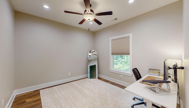 1105 18th St NW, Cleveland, TN 37311 - office featuring a ceiling fan, dark wood-style flooring, recessed lighting, and baseboards
