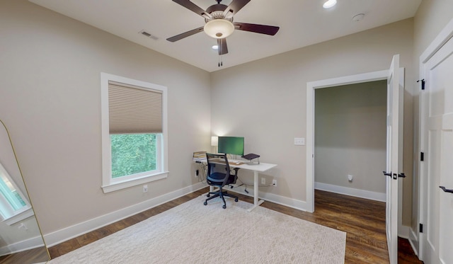 1105 18th St NW, Cleveland, TN 37311 - office featuring dark wood-style flooring, baseboards, a ceiling fan, and recessed lighting