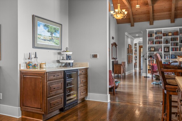 6835 Jasper Highlands Blvd, Jasper, TN 37347 - indoor dry bar featuring beverage cooler, baseboards, dark wood-style flooring, a chandelier, and wood ceiling
