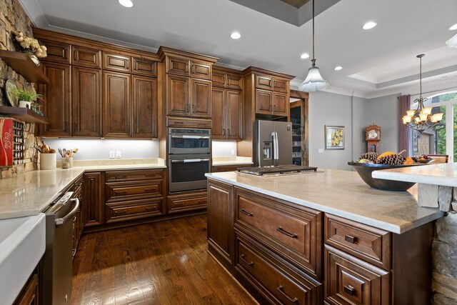 6835 Jasper Highlands Blvd, Jasper, TN 37347 - kitchen featuring stainless steel appliances, recessed lighting, dark wood-style flooring, open shelves, and decorative light fixtures