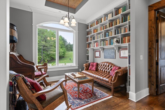 6835 Jasper Highlands Blvd, Jasper, TN 37347 - sitting room with baseboards, dark wood-style floors, a chandelier, wooden ceiling, and a tray ceiling