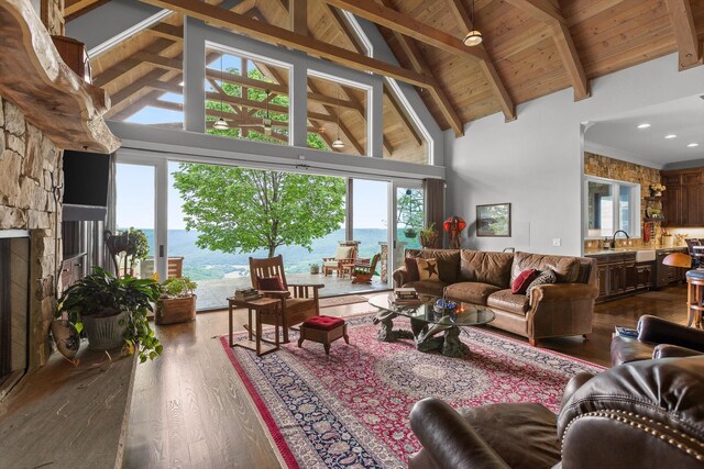 6835 Jasper Highlands Blvd, Jasper, TN 37347 - living area featuring high vaulted ceiling, dark wood-style flooring, plenty of natural light, beamed ceiling, and a water view